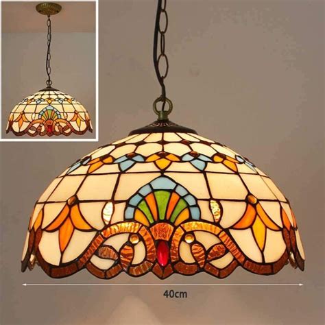 Crown Tiffany Hanging Lamp Leadglass Stained Glass Shade Crystal Bead Lamp Shade Antique