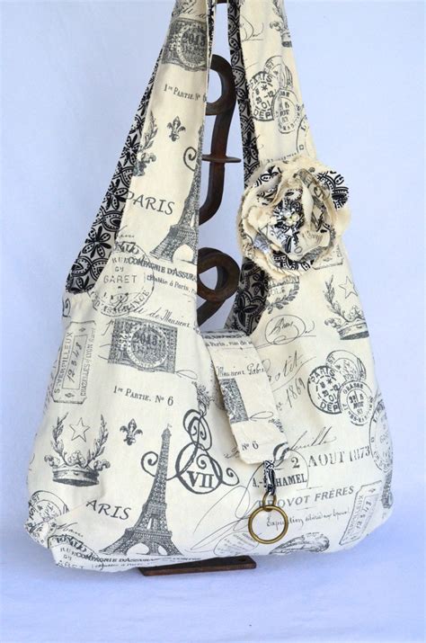 Fabric Hobo Bag Large Reversible Boho Bag Paris Print