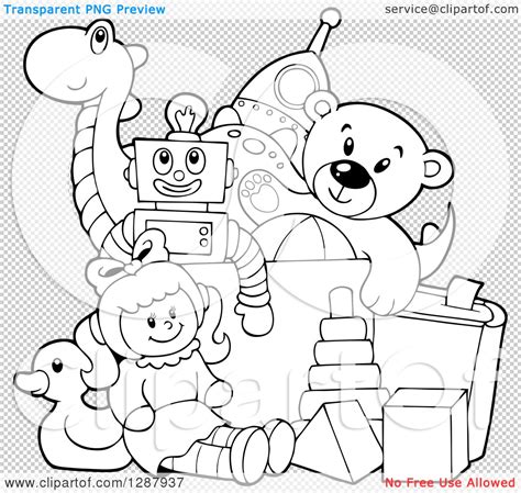 Clipart Of A Black And White Box Of Toys Royalty Free Vector