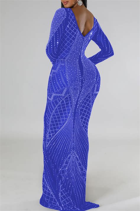 Wholesale Blue Sexy Solid Patchwork See Through Hot Drill O Neck Evening Dress Dresses K63509 4