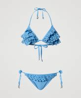 Triangle Bikini Top And Thong Set With Broderie Anglaise Woman Blue