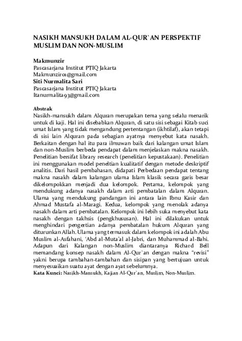 Pdf Nasikh Mansukh Dalam Al Qur`an Perspektif Muslim Dan Non Muslim