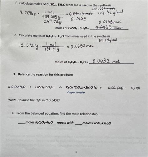 Solved 1 Calculate Moles Of Cuso4 5h2o From Mass Used In