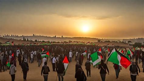 Premium AI Image | Distant Protest with Palestine Flags Sunset