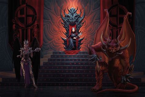 three demonic creatures standing in front of a throne with red lighting ...