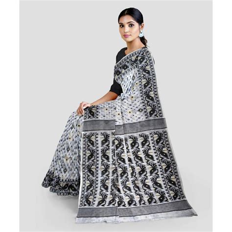 Buy Soft Cotton Silk Black White Jamdani Dhakai Saree