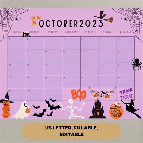 Editable October Calendar Spooky Halloween Planner Etsy