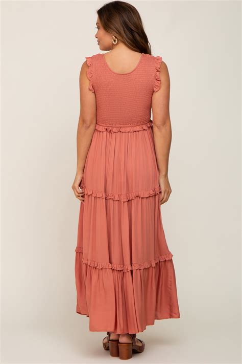 Rust Smocked Ruffle Tier Maternity Maxi Dress Pinkblush