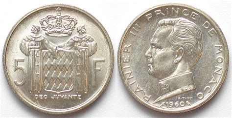 MONACO 5 Francs 1960 Rainier III Silber Unz MA Shops