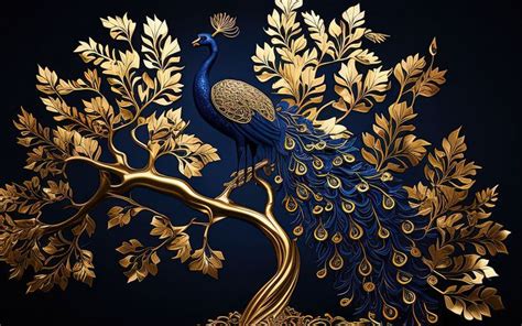 Elegant Golden Floral Tree With Leaves Branches And Gold Royal Blue