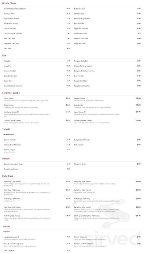 Tentatsu Japanese Restaurant Burnaby Menus In Burnaby British Columbia