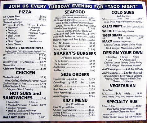 Menu at Sharky's restaurant, Fort Pierce