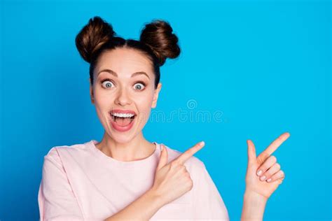 Closeup Photo Of Attractive Shocked Lady Two Funny Buns Direct Fingers