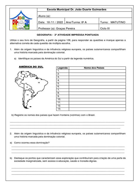 Texto Com Atividades Sobre O Continente Americano 8 Ano - Atividades sobre o Continente Americano 8º Ano | PDF | Américas ...
