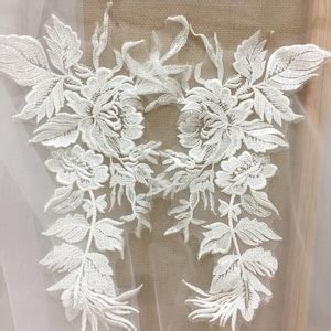 Off White Clear Sequin Floral Lace Applique Pair Embroidered Tulle