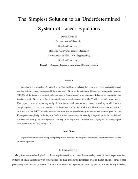 Pdf The Simplest Solution To An Underdetermined System Of Linear