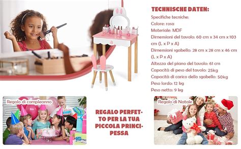 COSTWAY Toeletta Trucco 2 In 1 Per Bambina Specchiera A Forma Di