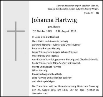 Traueranzeigen Von Johanna Hartwig Vrm Trauer De