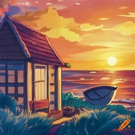 Cartoony Beach Hut During Golden Hour