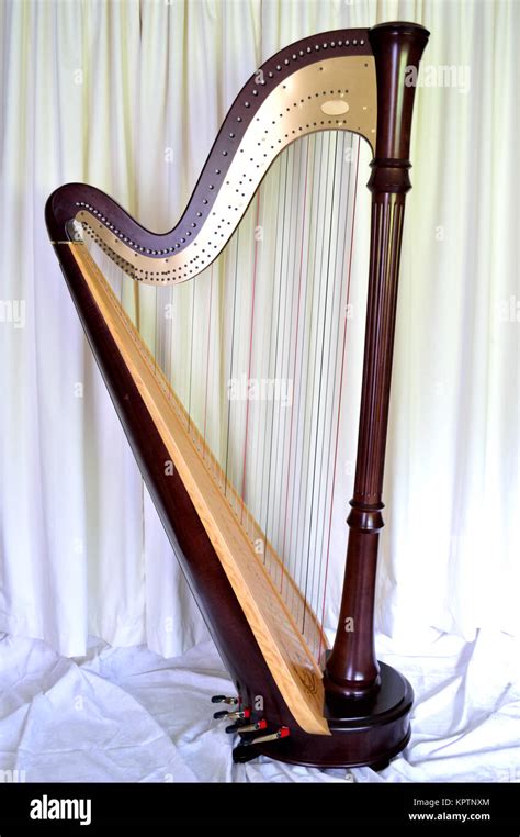 Dark Wood Concert Grand Pedal Harp Against Wide Curtains Stock Photo