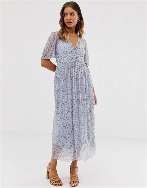 Asos Design Ditsy Print Midi Mesh Tea Dress With Pleated Skirt Asos