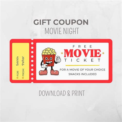 Gift Card Printable Movie Night, Retro Movie Ticket, Voucher Cinema ...