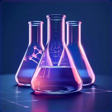 Three Laboratory Flasks With Colorful Liquid On Dark Blue Background