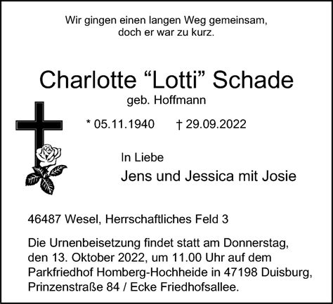 Traueranzeigen Von Charlotte Schade Trauer In Nrw De