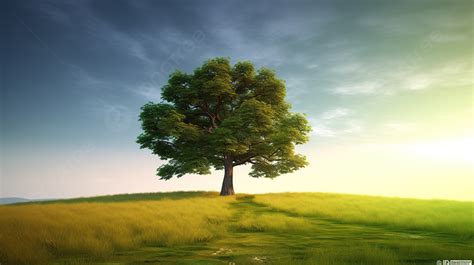 Einzelner Baum Sitzt Auf Dem Grasbewachsenen Hügel Hochauflösendes