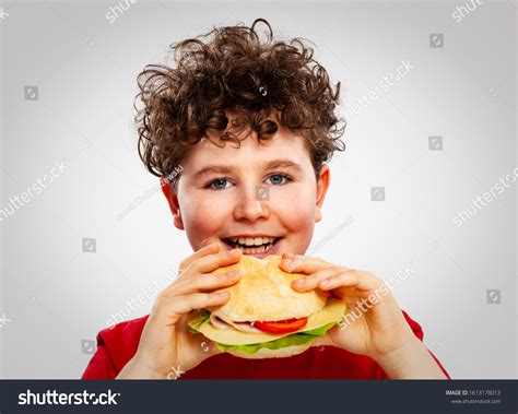 Boy Eating Big Sandwich On Gray Stock Photo 1613178013 Shutterstock