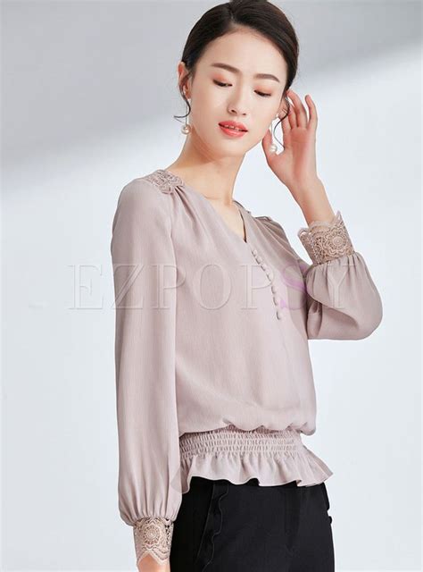 Chiffon V Neck Lantern Sleeve Falbal Blouse Elegant Outfit Classy