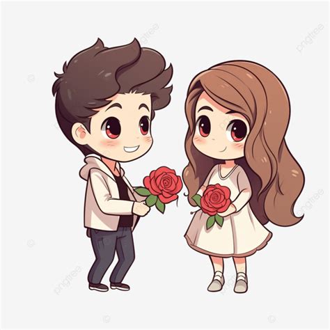 Cute Lovers Couple Chibi Cartoon Character Boy Giving Rose Flower Happy Valentine Day Love