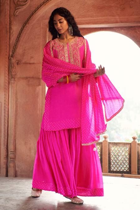 Buy Pink Silk Embroidered Gota Patti Round Embellished Kurta Sharara