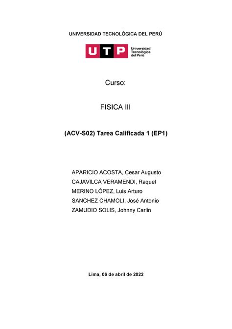 Acv S02 Tarea Calificada 1 Grupo 7 Práctica Universidad TecnolÓgica Del PerÚ Curso Fisica