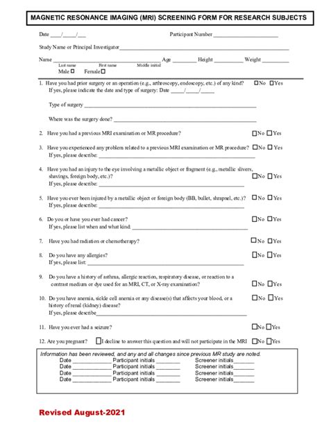 Fillable Online Screening Form Mri Safetymagnetic Resonance Imaging Mri Nibibnih