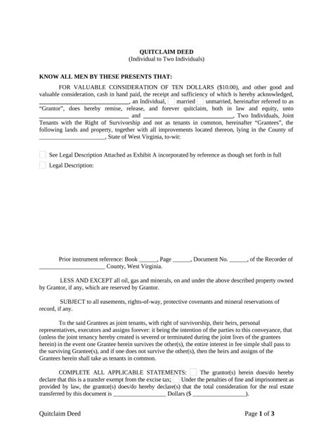 Quitclaim Deed From Individual To Two Individuals In Joint Tenancy West Virginia Form Fill Out