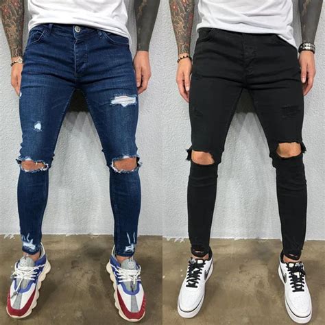 Buraco No Joelho Rasgado Jeans Homens Magros Azul Preto Estilo De Rua