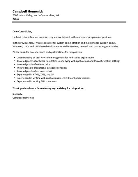 Computer Programmer Cover Letter Velvet Jobs