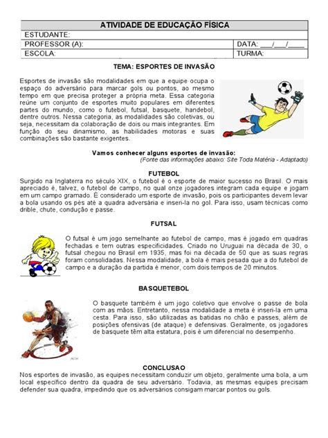 Atividade Esporte De Invasão - Atividade Educação Fisica - Esportes de Invasão | PDF