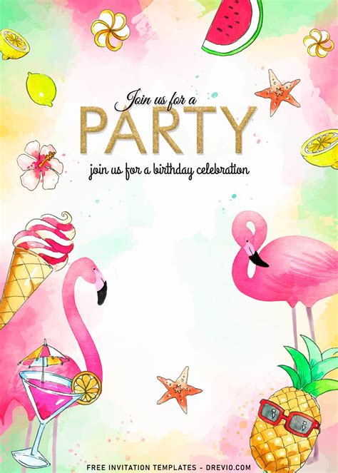 11 Lovely Watercolor Flamingo Tropical Birthday Invitation Templates