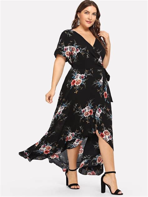 Shein Plus Surplice Neck Floral Overlap Ruffle Hem Dress Ruffle Hem