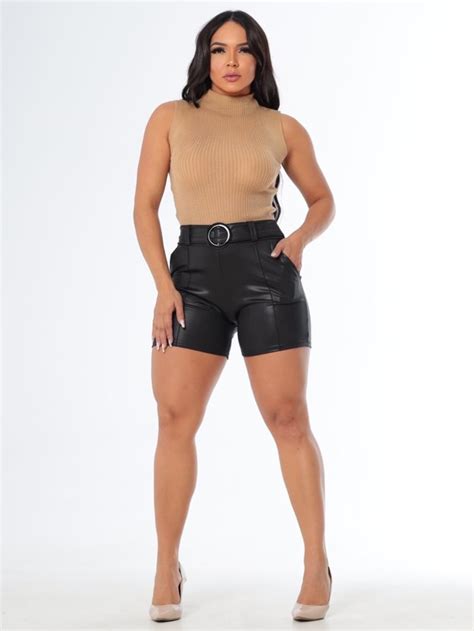 FLC MODAS Shorts Feminino Couro Fake Moda Inverno Bermuda Courino