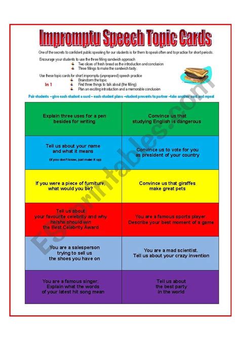 Speech Topic Cards - ESL worksheet by Jayho