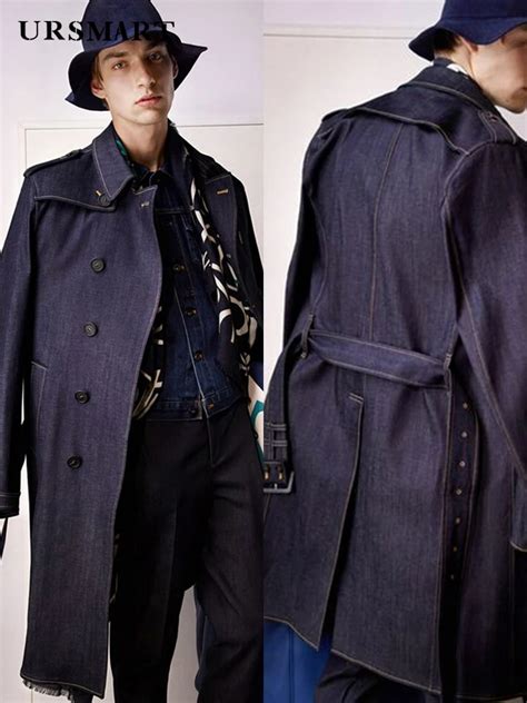 Classic Long Denim Trench Coat For Men Indigo Pure Cotton Non Fading Double Breasted Waist