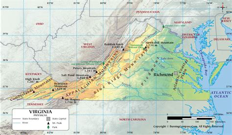 virginia physical map showing geographical physical features