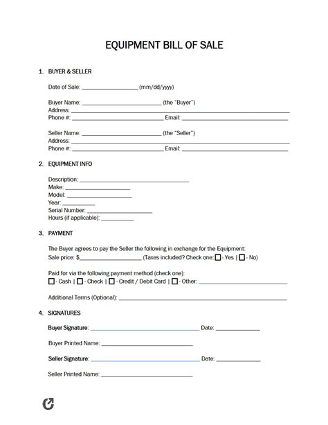 Free Equipment Bill Of Sale Form Pdf Word Rtf