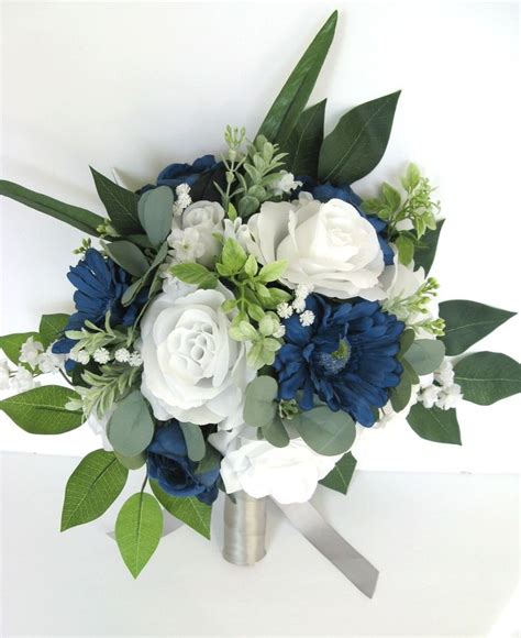 17 Piece Bridal Bouquet Set, Wedding Bouquet NAVY BLUE WHITE Gray ...