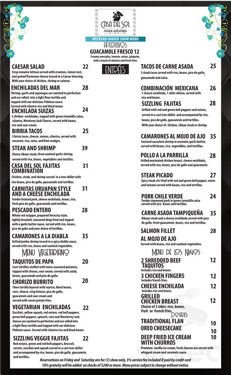 Casa Del Sol Cocina Mexicana Menu In Tustin California USA