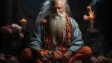 premium ai image  traditional yogi  white beard sitting