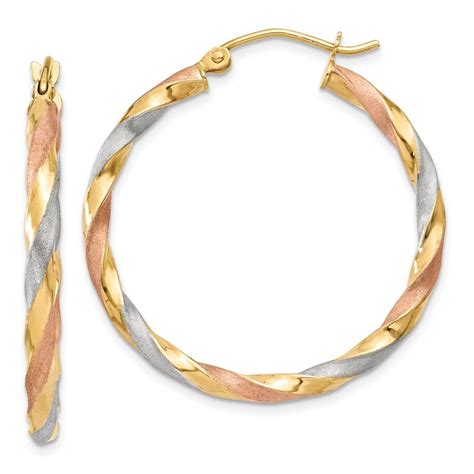 Jewelryweb 14k Tri Color Gold Satin Twisted Hoop Earrings